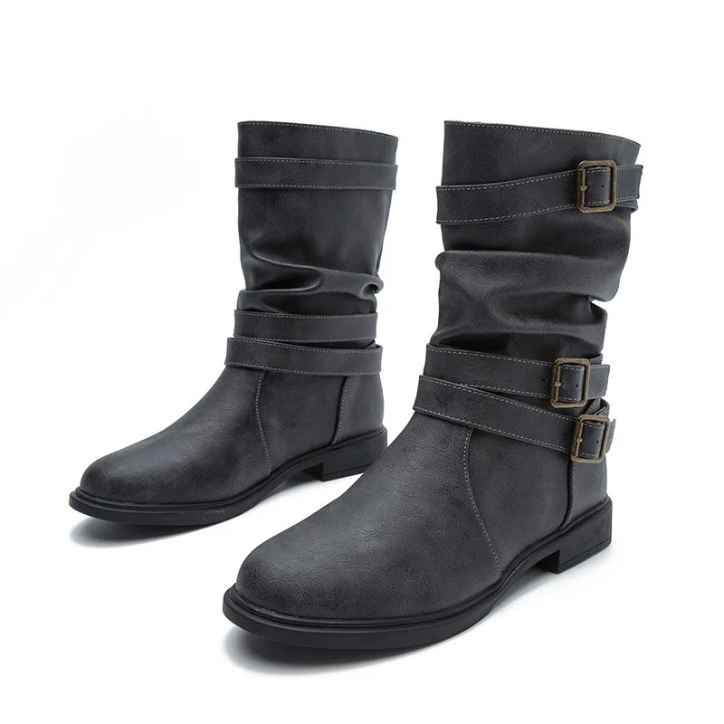 

2022 New Autumn and Winter New Zhongtong Boots Women's Round Toe Flat Bottom Ladies Large Size Chimney Boots Motorcycle Boots
