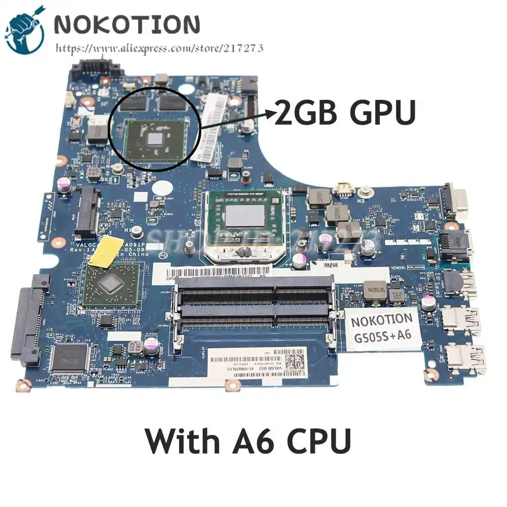 

NOKOTION VALGC_GD LA-A091P for Lenovo G505S Z505 Laptop Motherboard Socket FS1 DDR3 2GB Graphics+A6 CPU