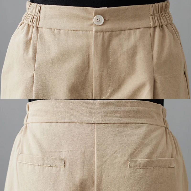 2023 New Summer Casual Loose Ladies Straight Pants Elastic High Waist Solid Knee-Length Wide Leg Pants for Women Black White