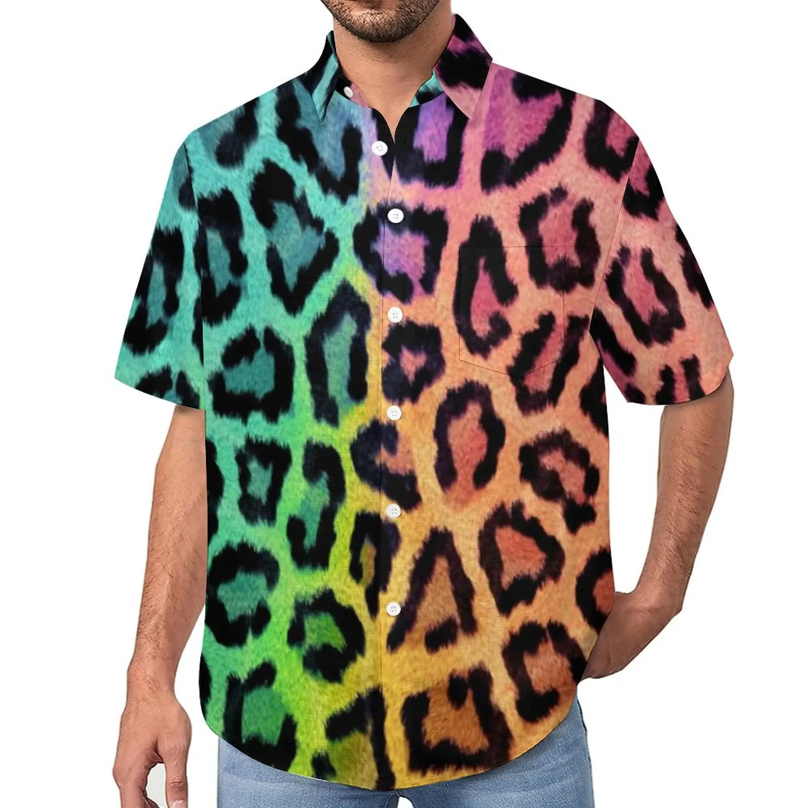 

Rainbow Leopard Print Casual Shirt Animal Skin Art Beach Loose Shirt Hawaiian Novelty Blouses Short-Sleeve Oversized Clothes