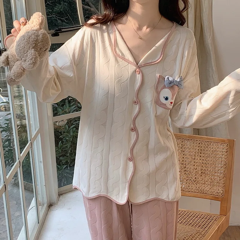 2023 Women's Pajamas Spring Autumn New Long Sleeve Pants Cardigan Lapel Covered Cartoon Simple Cotton Large Size Homewear Set
