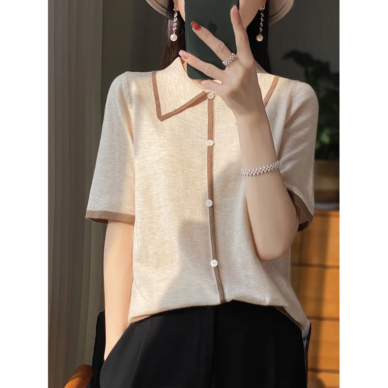 

Woman's Tees Summer Thin T-Shirt Female Pullover Short Sleeve Turn-Down Collar Blouse Wool Mixed Worsted Knitted Top Jumper Coat