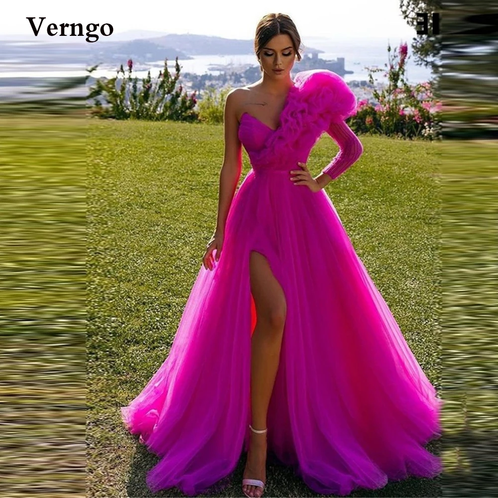 

Verngo A Line Fuschsia Tulle Prom Dresses Long Sleeve One Shoulder Ruffles Side Slit Dubai Arabric Women Formal Evening Gowns