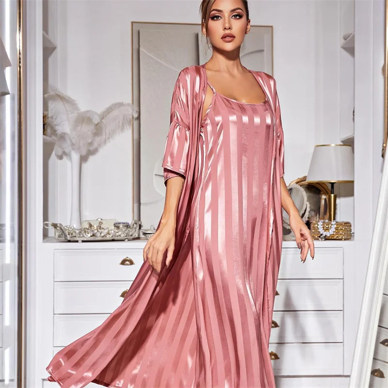 Women's Sleepwear 2 Pcs Sets Velvet Sleepwear Striped Robe Nightgown and Backless Sleep Dress Pajamas Set