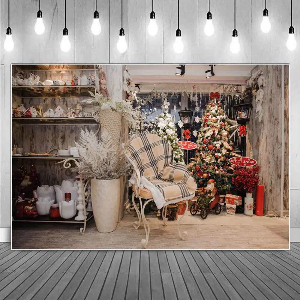 

Big Window Christmas Trees Decoration Photography Backdrop Home Studio White Porcelain Flowerpots Chair Store Photo Background