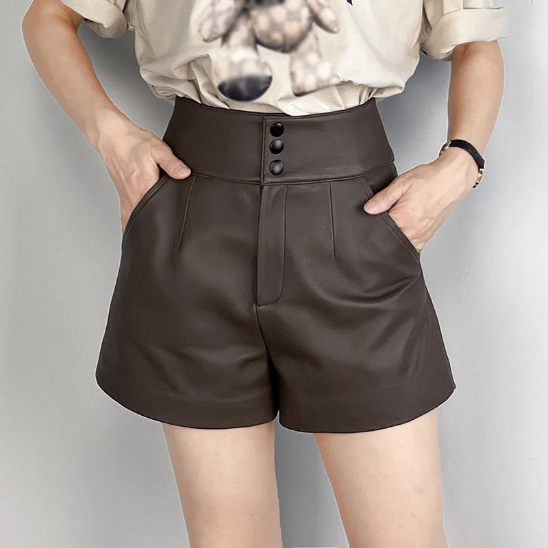 Lady Genuine Sheepskin Leather Shorts High Waist Button Pants Women Streetwear Mini Trousers TF4794