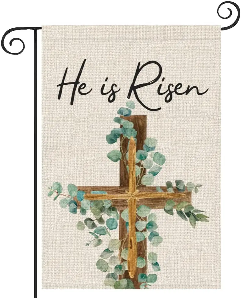 

Easter Burlap Garden Flag He is Risen Cross Eucalyptus 12x18 Double Sided, Christian Religious Jesus Christ Surrection Decor