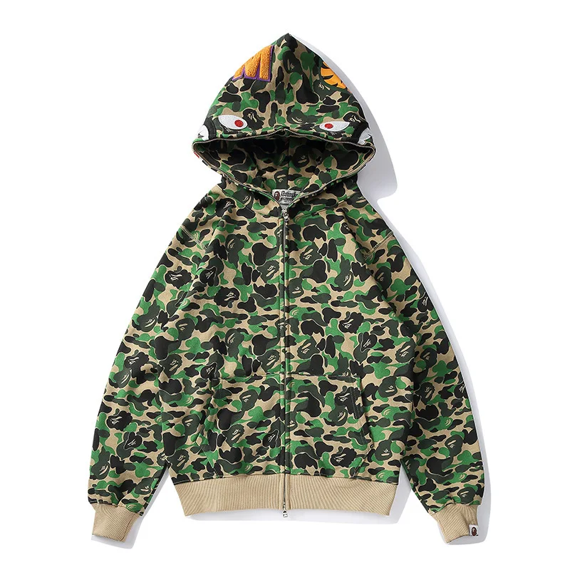 

100%Cotton Embroidery Bape Shark Classic Camouflage Hoodie New High Quality Zipper Sports Jacket For Men Women Hip-hop Oversize