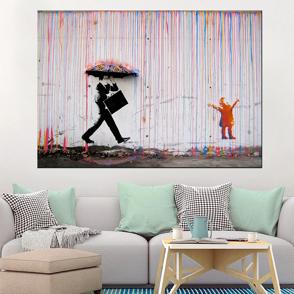 

Граффити Бэнкси с красочным дождем, настенный художественный плакат и принт, фотография, декор для спальни или гостиной