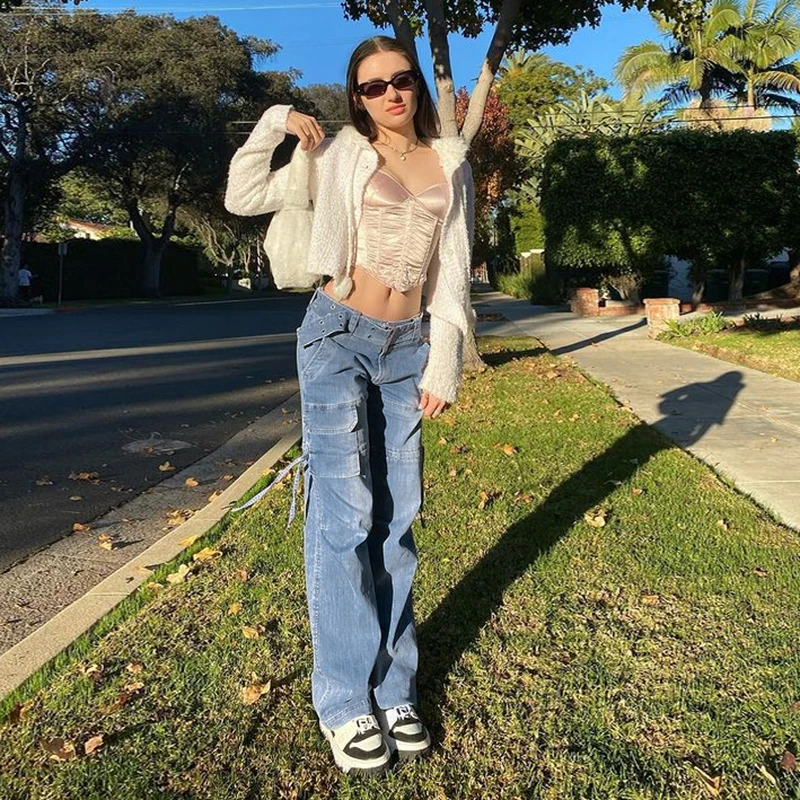 Ruched Drawstring Cargo Women Pants 2021 Y2K Blue Classic Jeans Retro Sashes Denim Pants Women Big Pockets Trousers Streetwear