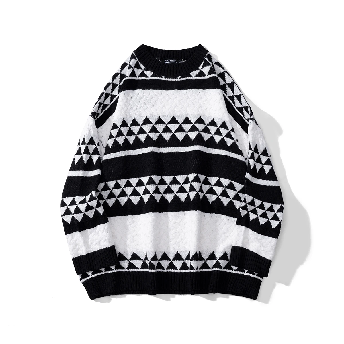 

Color Match Full Triangle Knitted Round Neck Couple Winter Sweaters Pullover Streetwear Retro Loose Hip Hop Men's Clothes