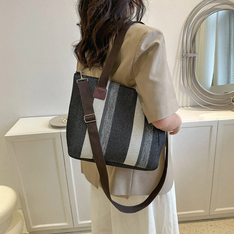 Large Capacity Casual Tote Bags For Women New Design Canvas Shoulder Crossbody Bag Fashion Stripe Handbags Lady Top Handle Bag