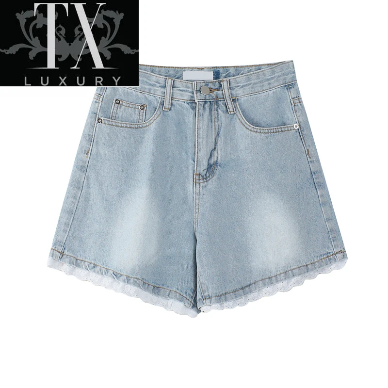 

Summer Fashion Korean Sweet Wide Leg Jeans Women Casual Harajuku High Waist Straight Lace Edge Female Denim Short Trousers