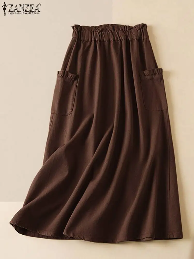 

ZANZEA Women Casual Elastic Waist Faldas Saias Jupe Skirts 2023 Floral Ruffles Midi Skirt Bottoms Oversized Holiday Beach Skirts