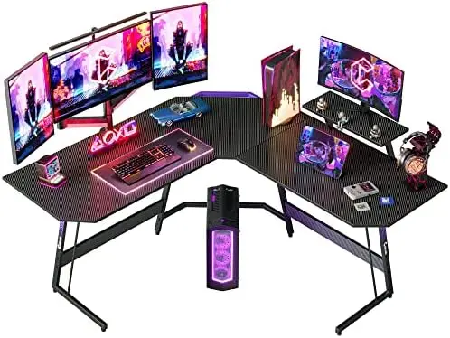 

inch Diamon L Shaped Gaming Desk Gamer Workstation, Home Computer Carbon Fiber Surface Corner Gaming Desk PC Table with Cable Tr