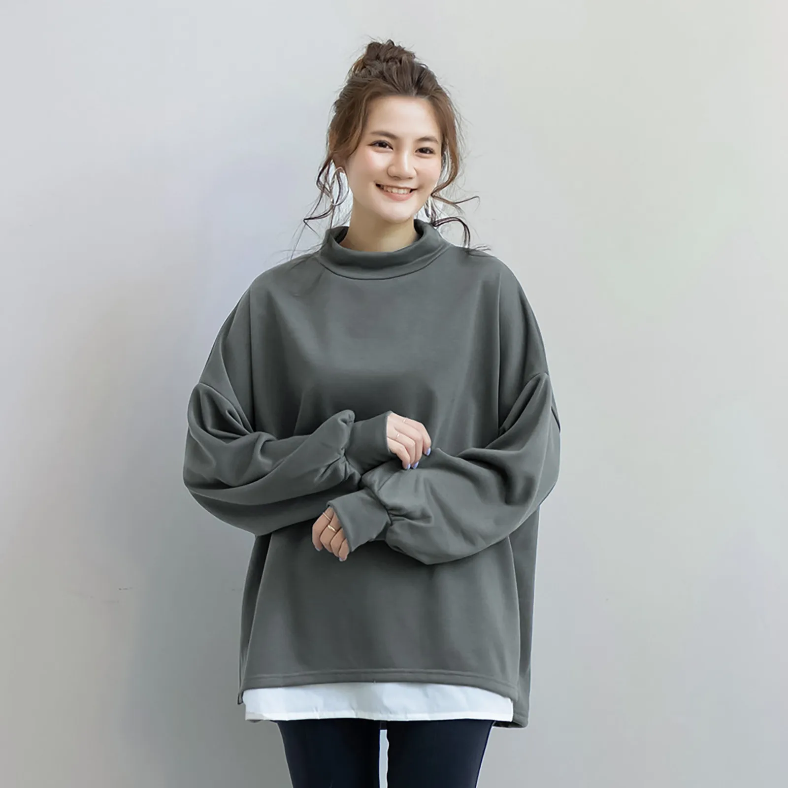 

Womens Casual Long Sleeves Sweatshirt Fake Two Piece Tops Mock Turtleneck Lightweight Tunic Fall Sweat Shirts Women Pullover Top