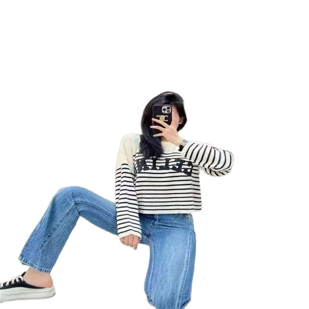 

Autumn Korean Version Languid Lazy Style Sweet Lovely Pullovers Knitwear Girl O-Neck Embroidery Striped Jacquard Loose Sweater