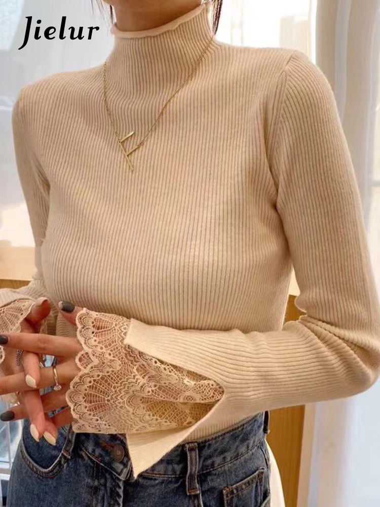 

Jielur Women Slim Bottoming Knitted Sweater Lady Autumn Winter Turtleneck Long Sleeves Lace Spliced Casual Pullovers Female Tops