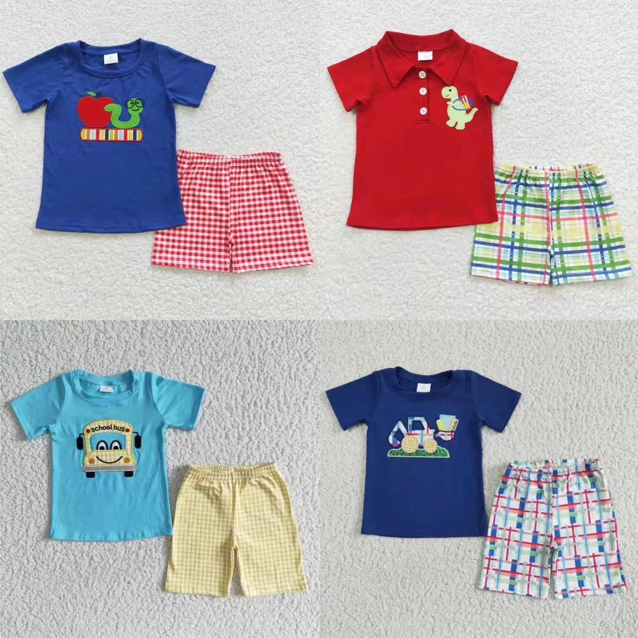

Back to School Boys Embroidered Apple Bug Blue Embroidered Dinosaur School Bag Red Short Sleeve Shorts Set Toddler Baby Boys Set