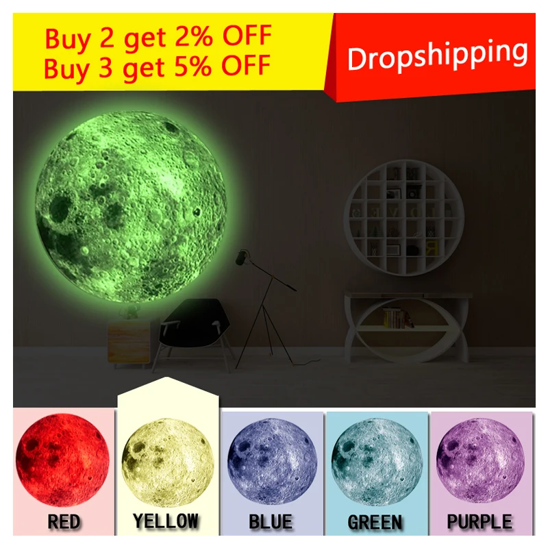 

Creative 3D Large Moon Fluorescent Wall Sticker For Kids Rooms Glow In The Dark Stars bedroom wall decor room decoration