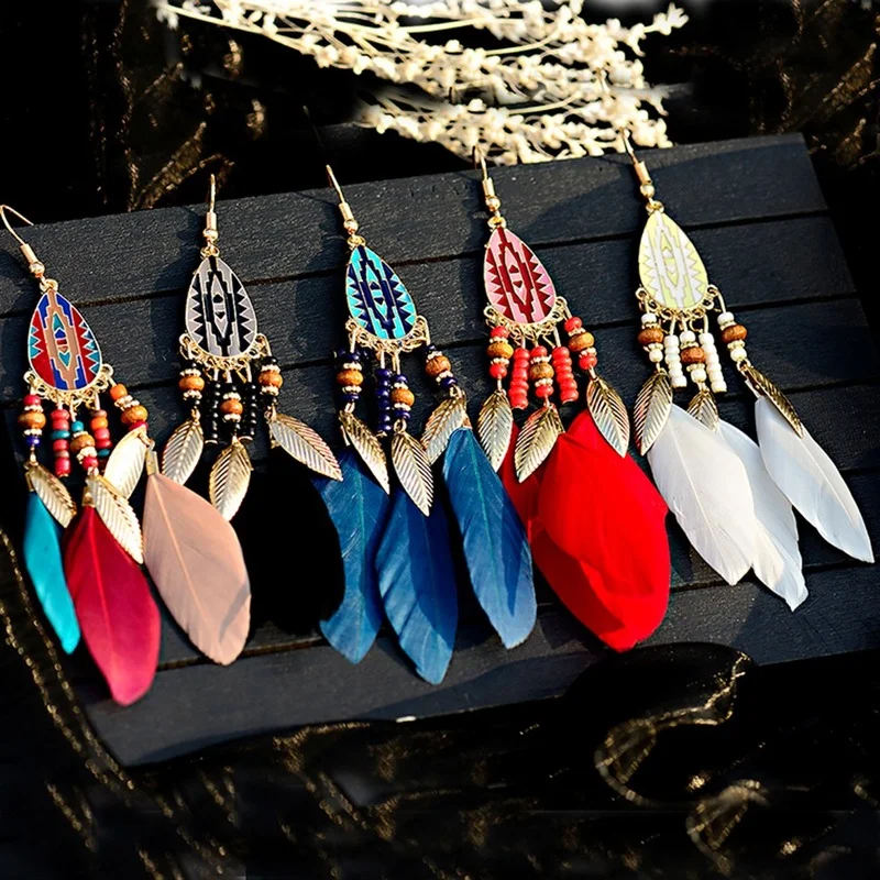 

Bohemian Long Feather Dangle Earrings for Women Beach Chain Tassel Drop Earrings Wedding Bride Jewelry Wholesale