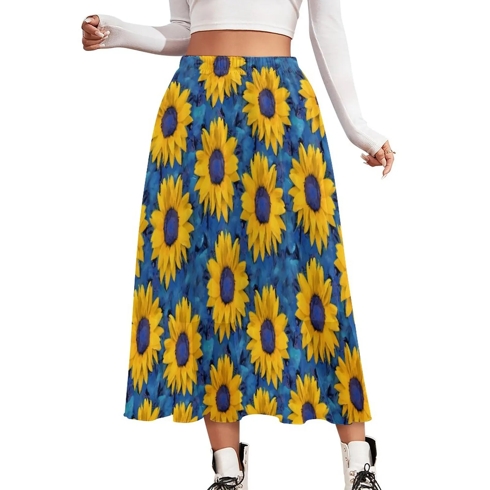 

Sunflower Print Skirt Ladies Blue Leaf Print Beach Long Skirts Custom High Waist Aesthetic A-line Skirt Big Size