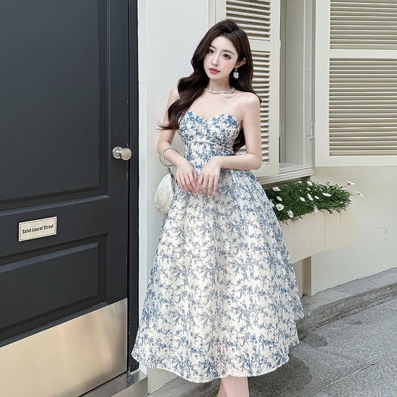 Coigarsam женское длинное платье с цветочным принтом без бретелек высокой талией