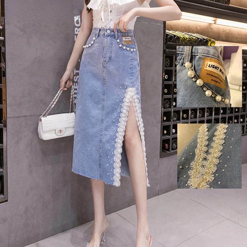 

2022 New Blue Denim Beading Skirt Women Empire All-match Side Split Lace Embroidered Summer Streetwear Diamond Black Skirts