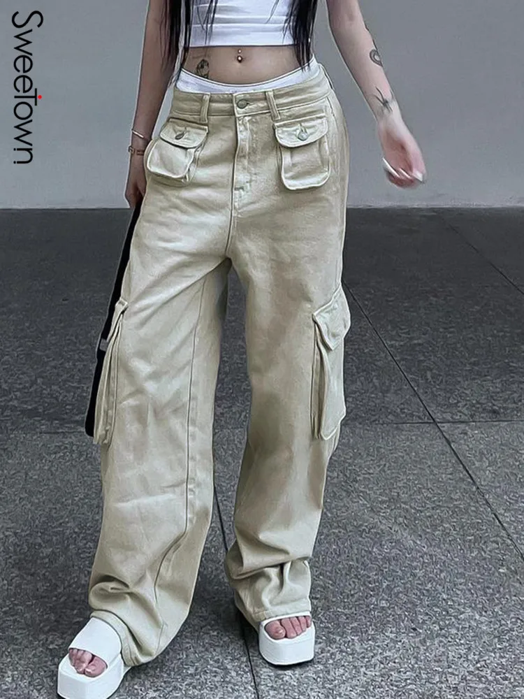 

Sweetown Khaki Cotton Denim Cargos Pants Pockets Stitch Casual Streetwear Low Waisted Straight Leg Jean Trousers Women 90s Jeans