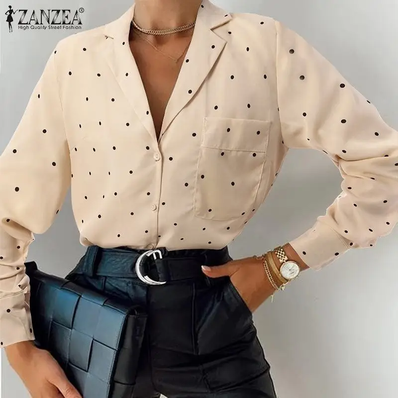 

Vintage Lapel Neck Polka Dot Printed Blouse ZANZEA Women Elegant Long Sleeve Shirt Casual Chemise Oversize Spring OL Work Blusas