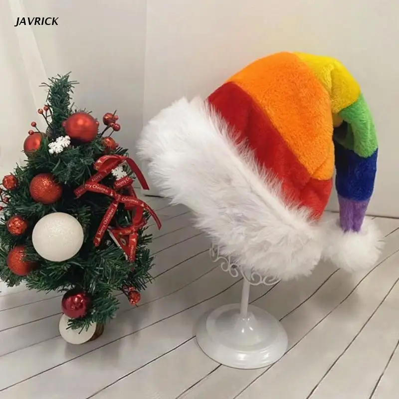 

Carnival Santa Claus Thicken Beanie with Pompom Rainbow Color Adult Warm Velvet Christmas Hats for Women Men Kids Gift