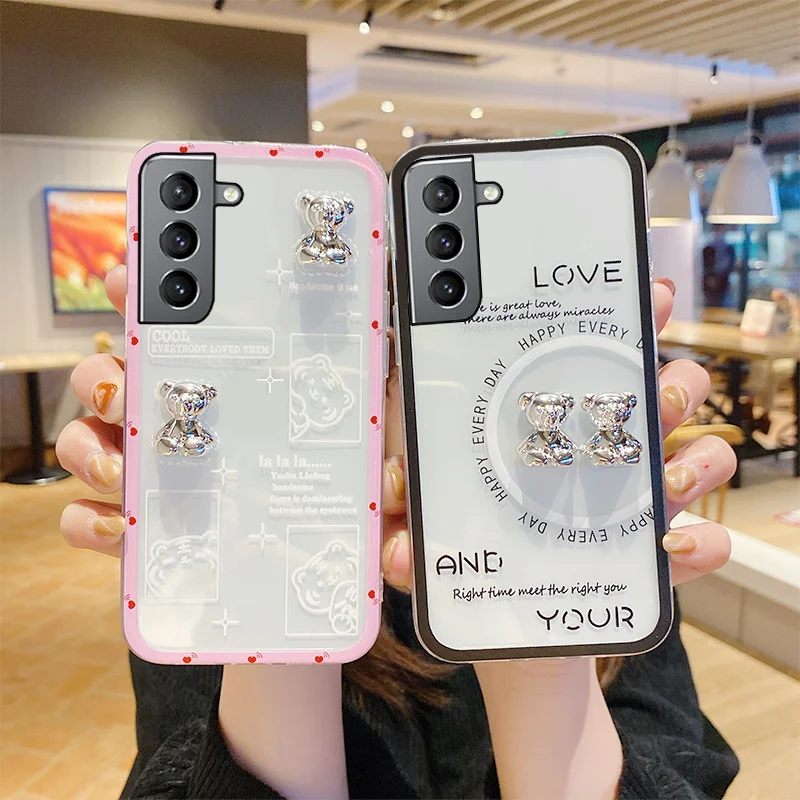 

ins Style 3D Metal Bear Case For Samsung S22 Ultra Galaxy s22plus soft silicone phone cover s22 Fashion Simple shell Couple Gift