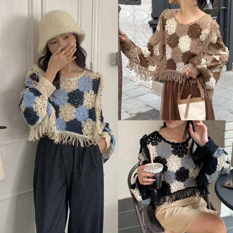 

Women's Long Sleeves T-shirt French-Flower Tassel Knit Tops Autumn Pullovers Ins