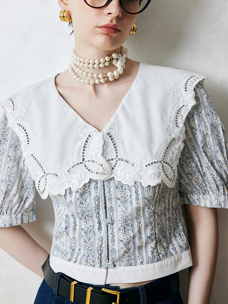 Кружевная вышивка на пуговицах с большим воротником и пышными рукавами рубашка