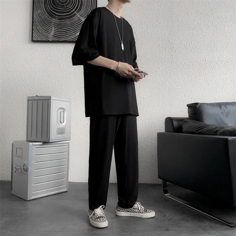 Summer 4-color Thin Sets Men Fashion Casual Short-sleeved T-shirt/Trousers Two-piece Mens Korean Loose Ice Silk Sets Men M-5XL