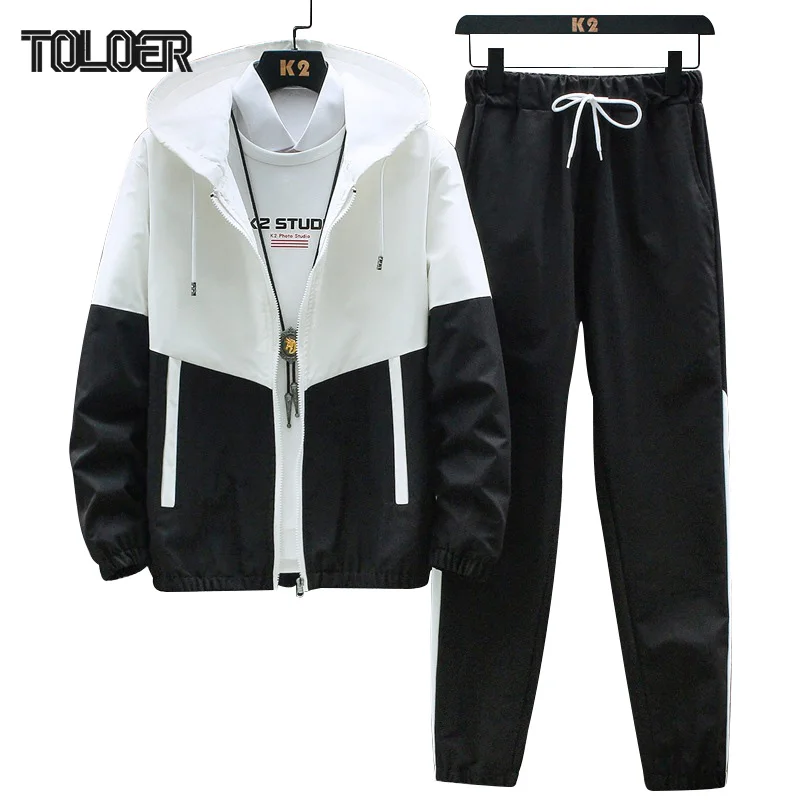 Men Tracksuit Casual Spring Autumn Patchwork Men's Sportswear Set Zipper Pocket Jackets+Pants Two Piece Sets Male New Fashion