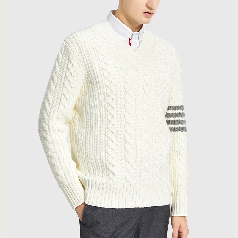 TB THOM Men's Classic Solid V-Neck Sweater Wool Cable- Knit Classic 4-Bar Striped Long Shleeve Coat Lightweight Sweaters for Men
