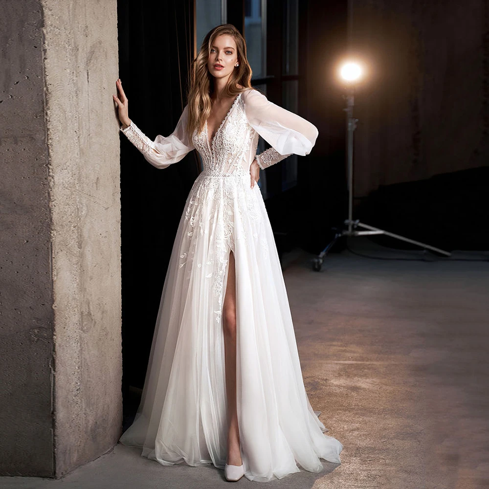 

2022 Wedding Dresses Sexy V-Neck Lace Appliques High Slit A-Line Bridal Gown Elegant White Full Sleeve Backless Robe de soirée
