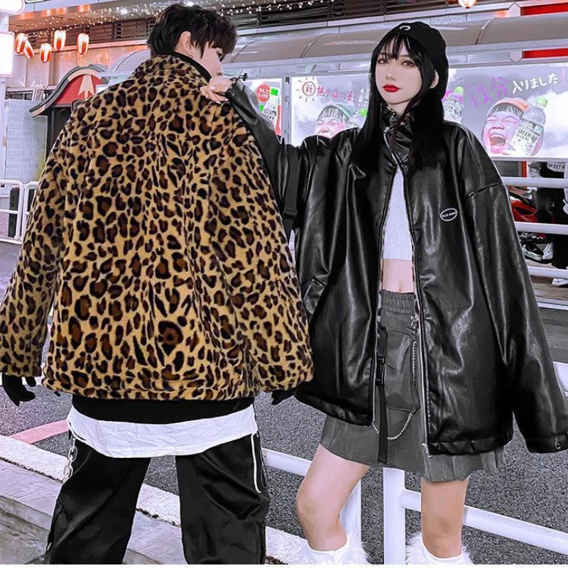 Winter Jacket Women 2022  Fashionable Chessboard Plush Thickened Cotton Padded Jacket Wear Both Sides PU Leather Parkas Coats