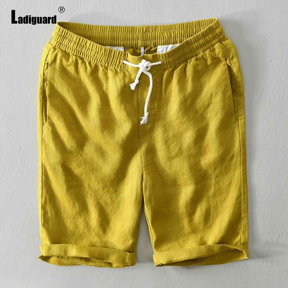 Ladiguard Plus Size 4xl Men Casual Linen Shorts Harajuku 2022 Summer Beach Shorts Male Pocket Design Half Pants Yellow Khaki