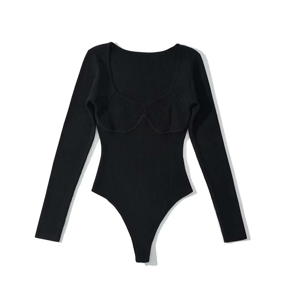 Женское трикотажное боди с квадратным вырезом и длинным рукавом