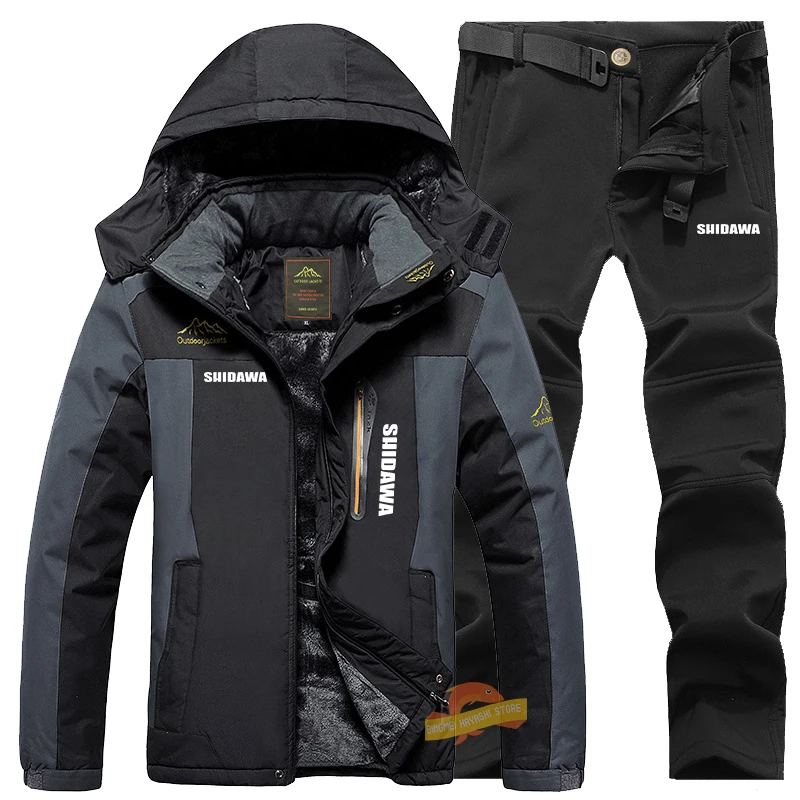 

Winter Waterproof Fishing Suit Men's Plus Velvet Windproof Hooded Jacket Climbing Pants Thicken Warm Camping Ski Fishing Clothes
