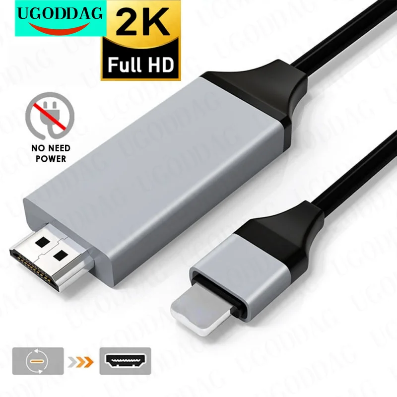 2M For Lightning to HDMI-Compatible Adapter Cable 1080P HDTV Digital AV Adapter for iPhone 12 iPhone 6 6S 7 Air No Need Charging