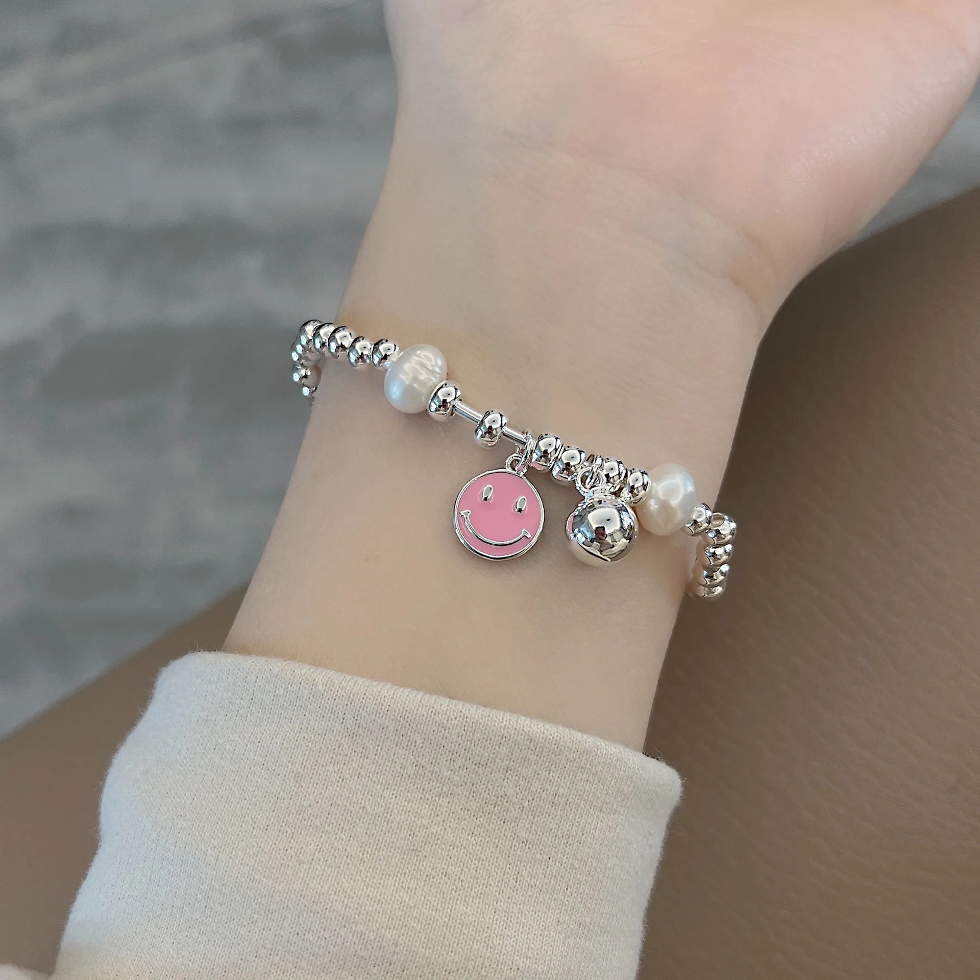 

Smiley Face Pearl Elastic Bracelet Party Jewelry for Women Couples Summer New Fashion Simple Holiday Beach Accessories