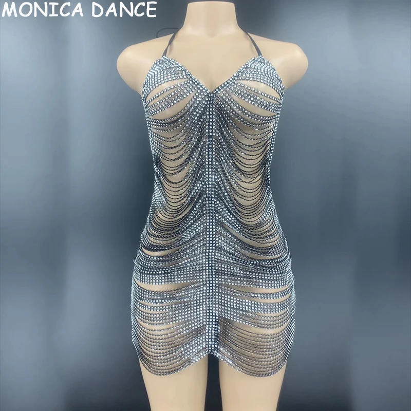 

Women Sexy Stage Black Silver Rhinestone Chain Short Dress Bar Prom Women Dancer Backless Hollow Outfit Birthday Celebrate Dress