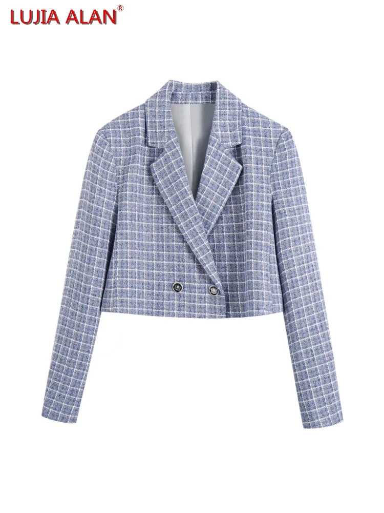 

Fashion Women Plaid Tweed Casual Short Suit Coat Female Long Sleeve Outerwear Office Lady Loose Tops LUJIA ALAN C1320