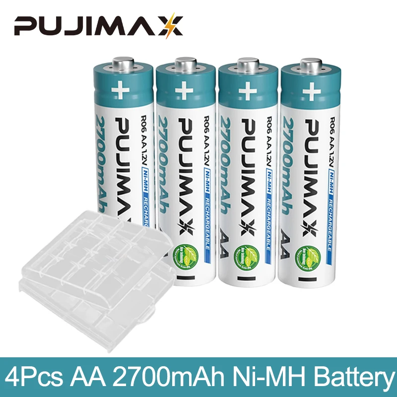 PUJIMAX 4Pcs 2700mAh 1.2V AA Rechargeable Ni-MH Batteries Fo