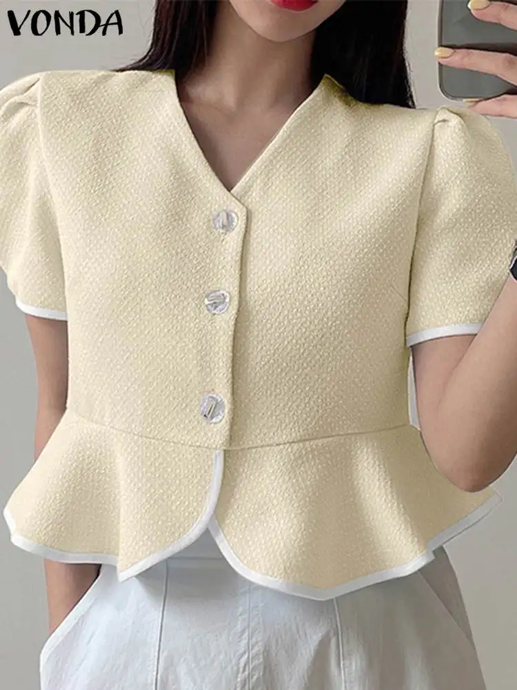 

Элегантная однотонная блузка VONDA, женские офисные рубашки 2023, пикантные топы с V-образным вырезом и коротким рукавом, повседневные фотообои, мешковатые