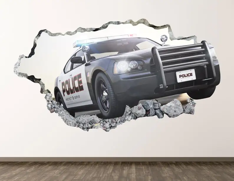 

Police Patrol Wall Decal - Chasing Car 3D Smashed Wall Art Sticker Kids Room Decor Vinyl Home Poster Custom Gift KD533