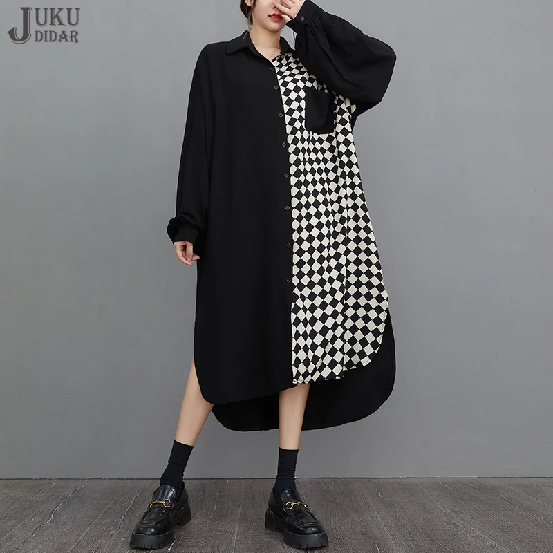 

Женское платье-рубашка с длинным рукавом, свободное черное платье в клетку в японском стиле, модель JJXD159 большого размера на осень